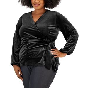 Alfani Plus Size Tie Waist Velvet Long Sleeve Wrap Top